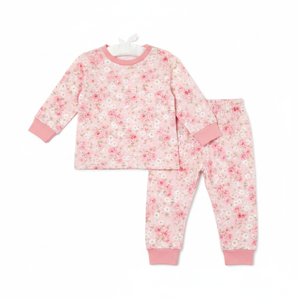 Baby girl pink floral pyjama set - long sleeve top and matching pants