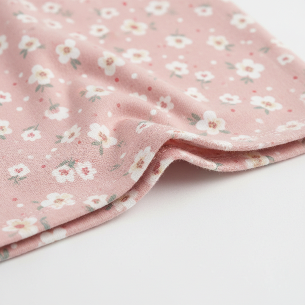 Close-up of soft cotton fabric with pink floral pattern